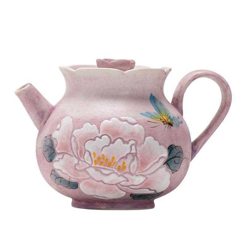 Pastel hand-painted teapot creative peony ceramic bubble teapot high-end women's special kung fu tea set single pot gift box