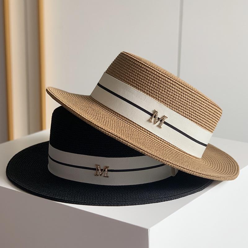 Hat Women's Summer Versatile Fashion Rhinestone M Standard Flat Top Straw Hat Seaside Vacation Sun Hat Sunscreen Big Eaves Hat Tide