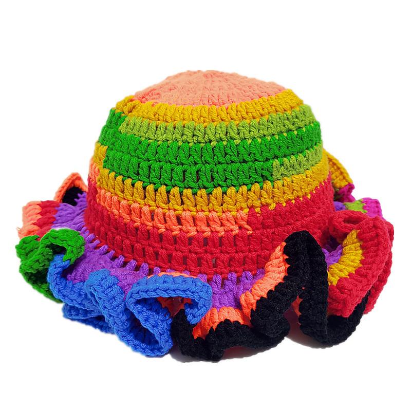 Colorful Crochet Ruffle Bucket Hat Warm Stretch Knit Hat New Year Celebration Women'S Fashion Handmade Beanie Hat