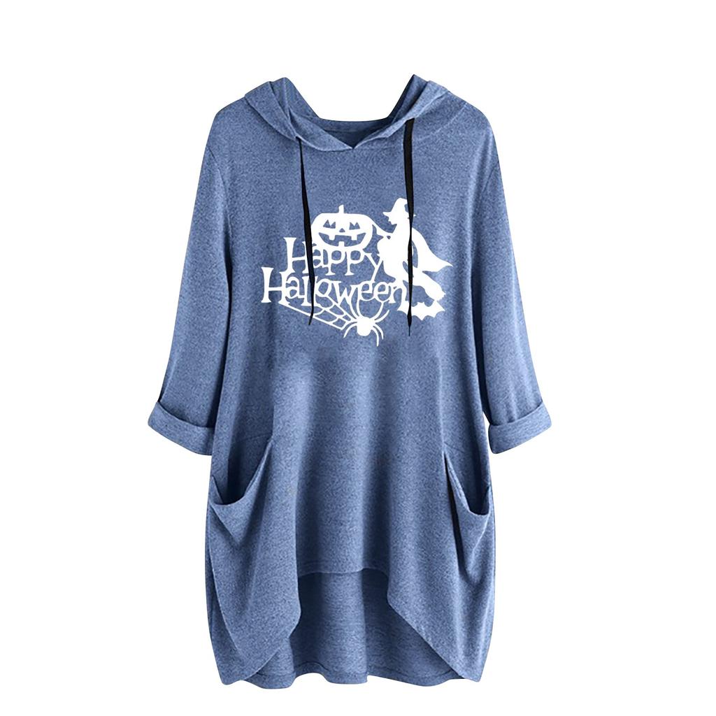 Fashion Women Casual Halloween  Print Hooded Long Sleeve Pocket Shirt Top