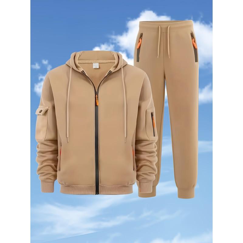 Mens Casual Tracksuit Loose Fit Multi-Pocket Workwear Sport Set