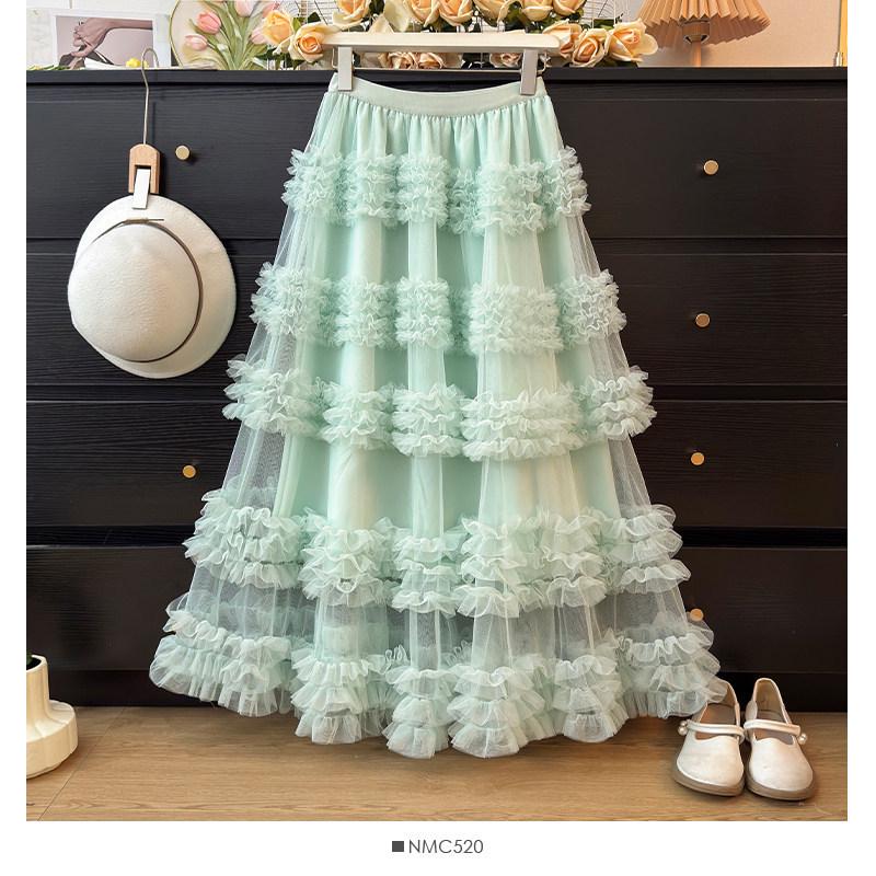 Sweet Style High Waist Ruffled Lace Gauze Maxi Skirt