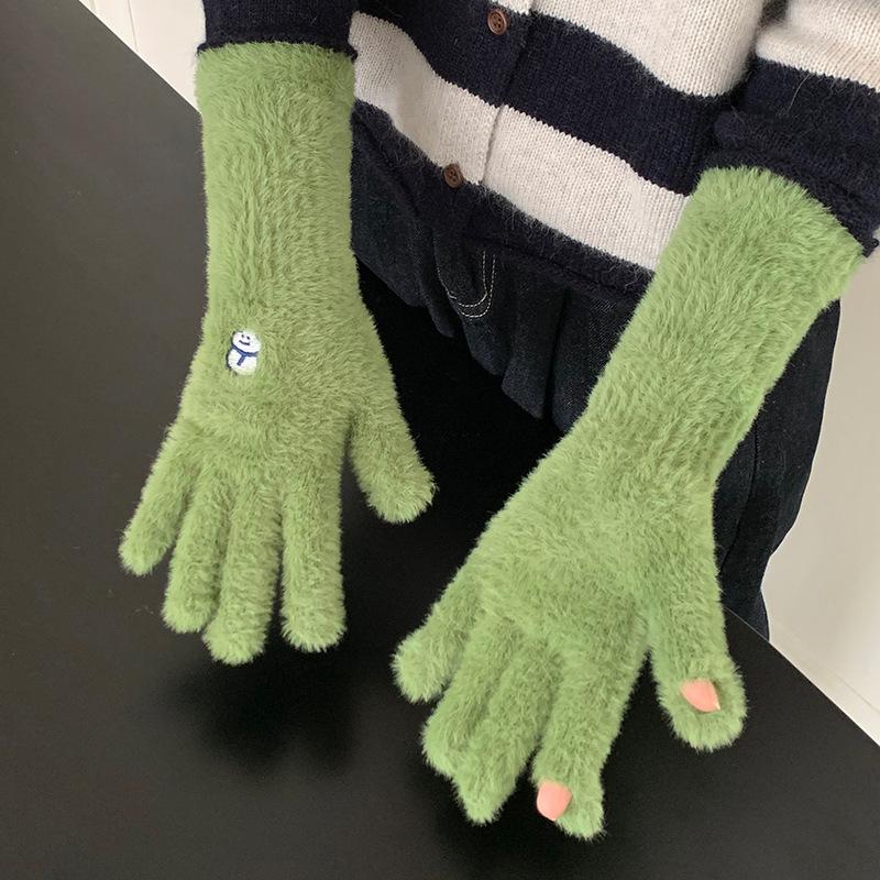 Travel gloves women autumn and winter gentle college wind solid color knitted fingers warm and cold cycling older children spring