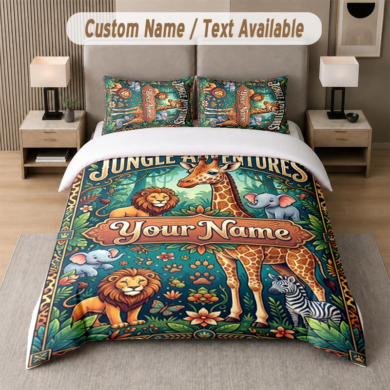 Wildlife Animals Theme Custom Text Or Name 3Pcs Bedding Set 1 Flat Sheet & 2 Pillowcases Personalized Home Bedding