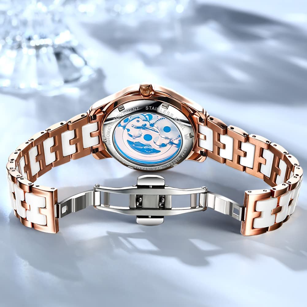 OLEVS Women's Popular Waterproof Ceramic Mechanical Watch with Date Display and Bracelet, White, Perfect Gift for Women