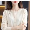Women's Round Neck Cashmere Cardigan Sweater - Autumn/Winter, 100% Wool, Solid Color Knitted Design