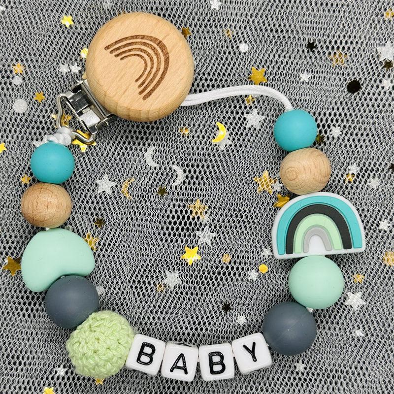 Handgefertigte Personalisierte Schnullerketten mit Namen Schnullerhalter Baby Silikon Regenbogen Schnullerhalter Kette Baby Beißring Geschenk
