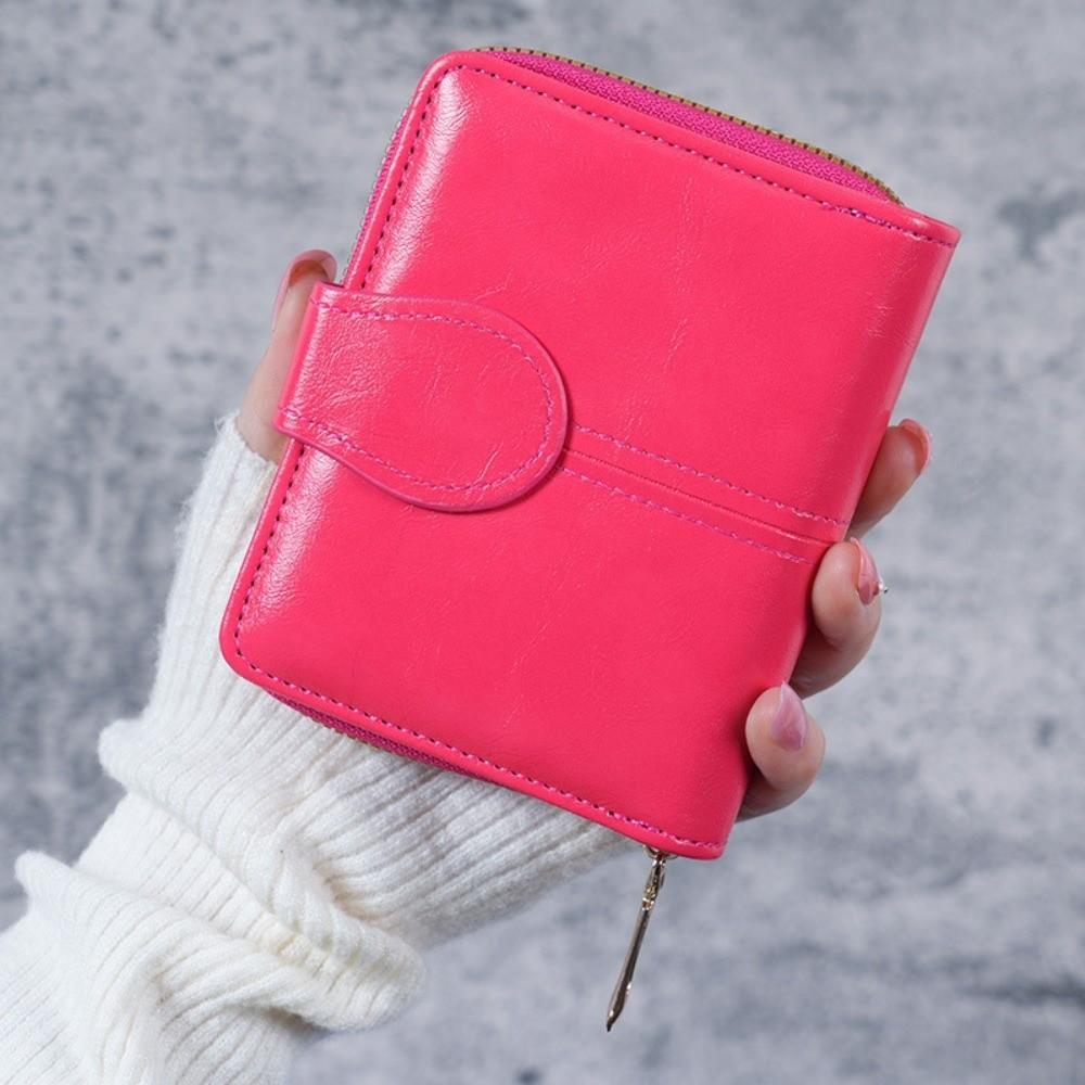 

Women s Fashion Multi-slot Short Wallet Oil-based PU Leather Zipper Card Holder Bag Vintage Coin Purse рожевий червоний колір