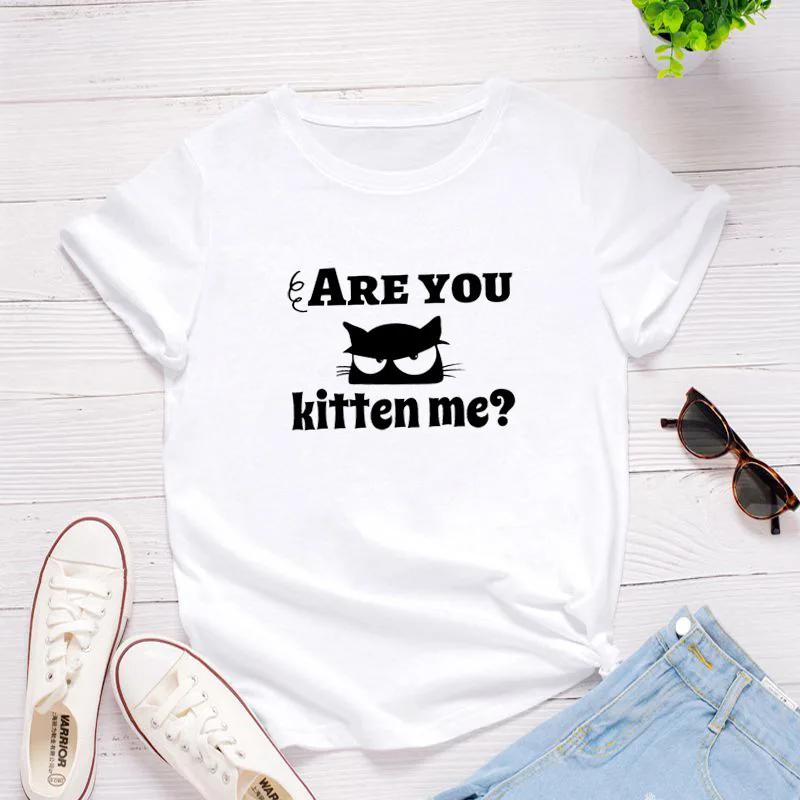 Are You Kitten Me Cat Head Print Women T Shirt Short Sleeve O Neck Loose Women Tshirt Ladies Tee Shirt Tops Camisetas Mujer