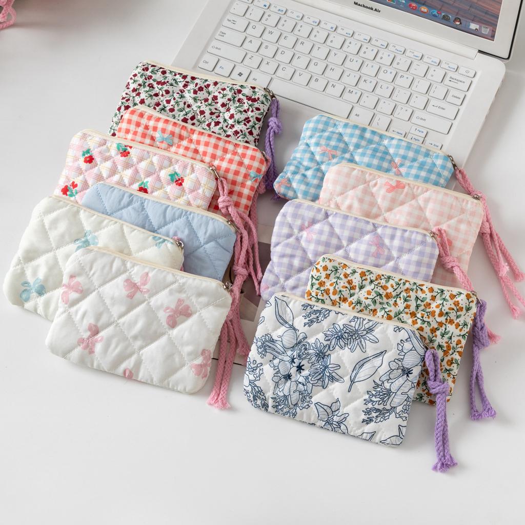 New Plaid Bow Coin Purse Zipper Coin Pouch Women Small Makeup Bag Headphone Data Cable Lipstick Pouch Cute Wallet Cute Purse