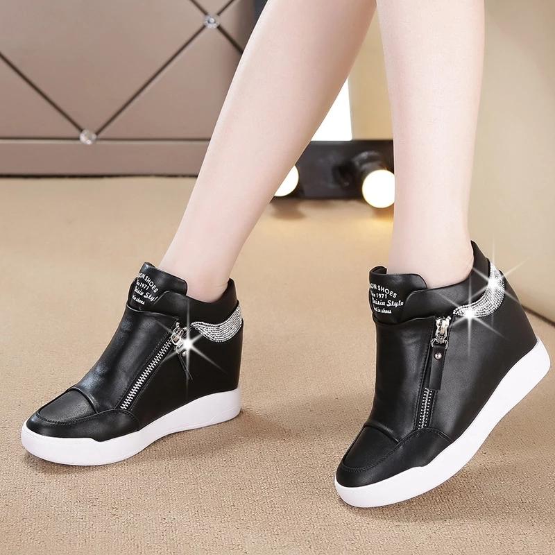Women High Top Platform Sneakers Hidden Wedge Heel Side Zip White Casual Shoes Spring Rivet Fashion Sneakers