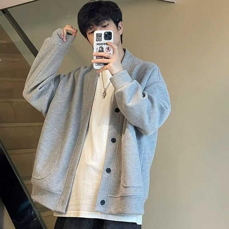 Осенне-зимний пуговичный свитер мужской свободный кардиган с длинным рукавом ins модный бренд универсальная красивая ленивая куртка теплая куртка 3XL серый 2750₽