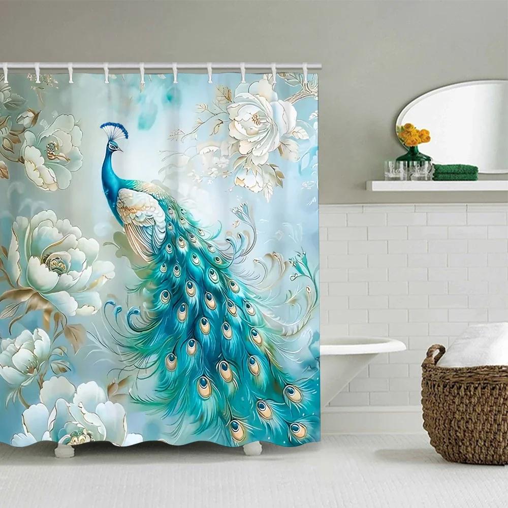 4pc Peacock pattern bath curtain set, 2D flat printing bathroom partition curtain, modern home curtain decoration