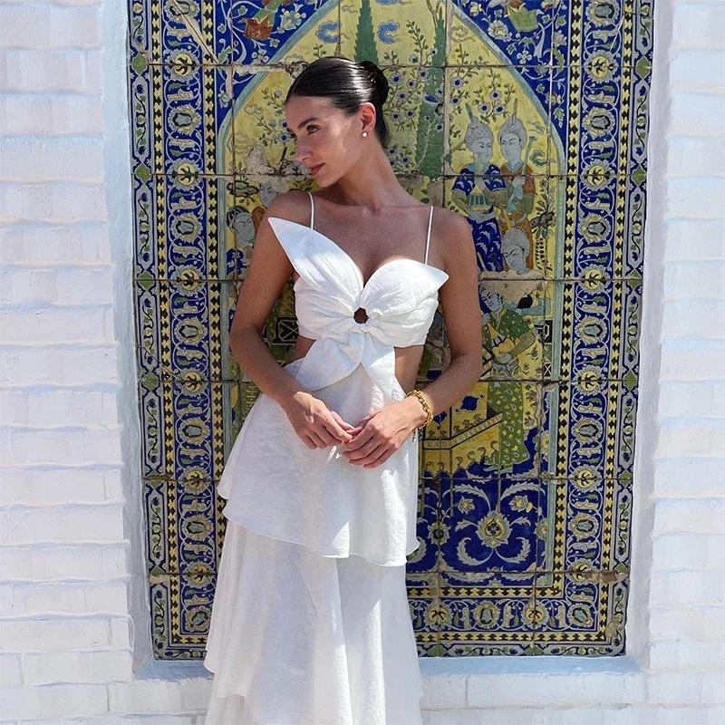 White Flower Sling Dress Women Hollow Out Sleeveless Backless Ruffles Party Long Holiday Dresses Female