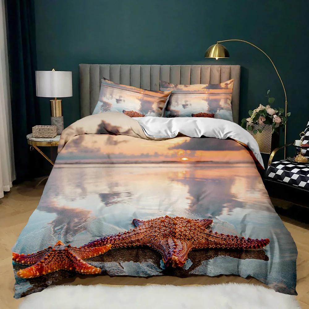 Starfish Duvet Cover Set Ocean Bedding Set Hawaiian Marine Sea Waves 3D Starfish Comforter Cover King Size Polyester Qulit Cover
