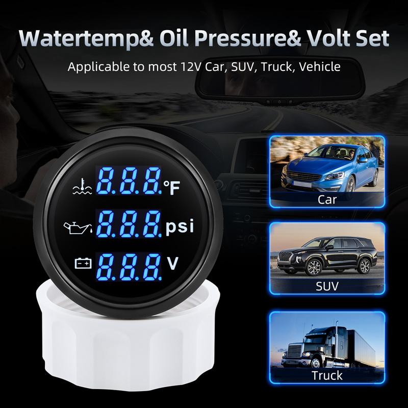 AD 52mm 3 in 1 Auto Gauge Water Temperature Oil Pressure Voltage With Alarm 1/8NPT Oil Press Water Temp Sensor For Car 12V 24V
