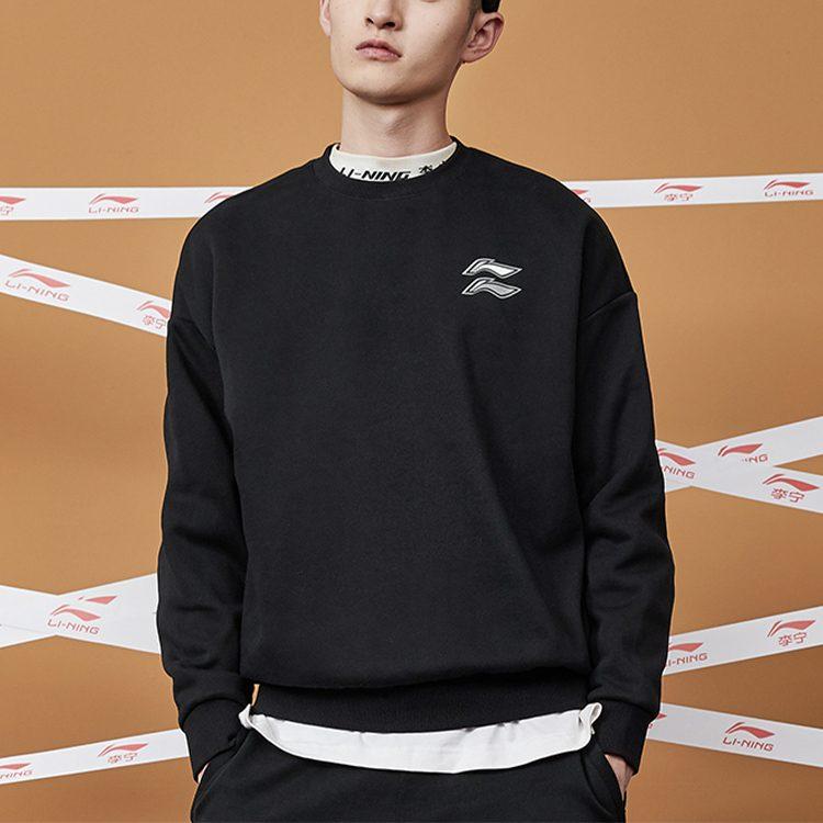 Li Ning Casual Sports Fleece Lined Loose Fit Crew Neck Pullover Sweatshirt Men's New Standard Black AWDQB71-2