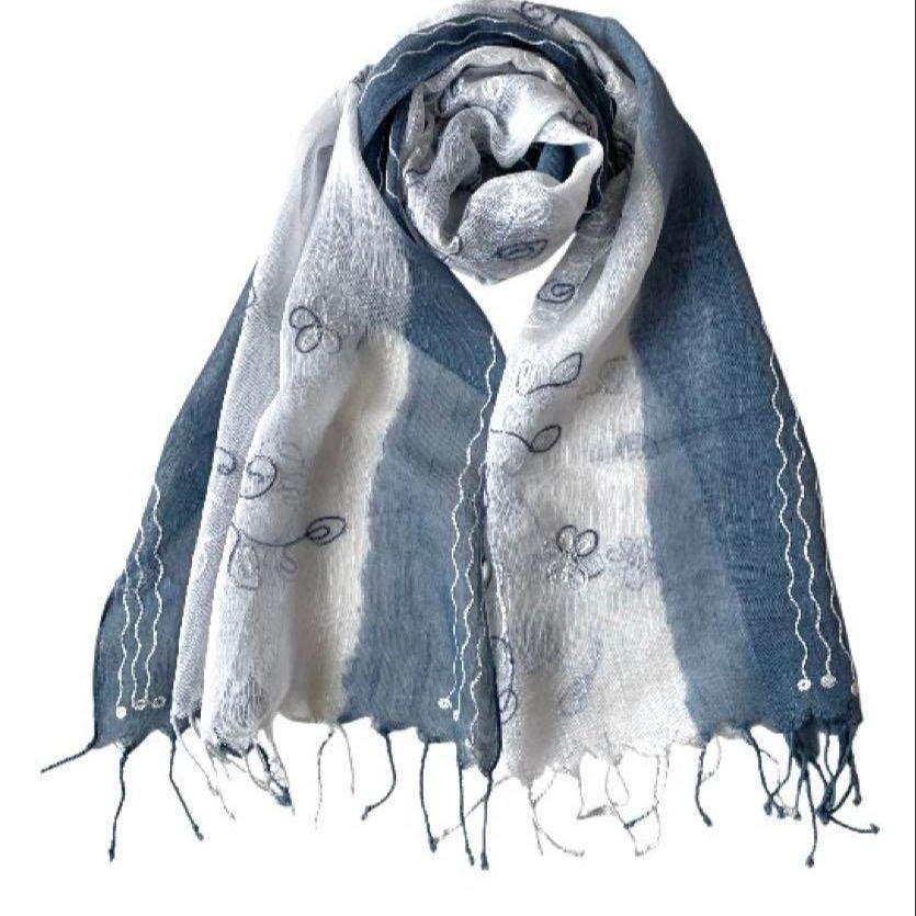 Used Indian Silk Cotton Stole, Ari Embroidery, 1375, Hand-dyed, Lightweight, For Spring/Summer, Mother's Day Gift, Navy