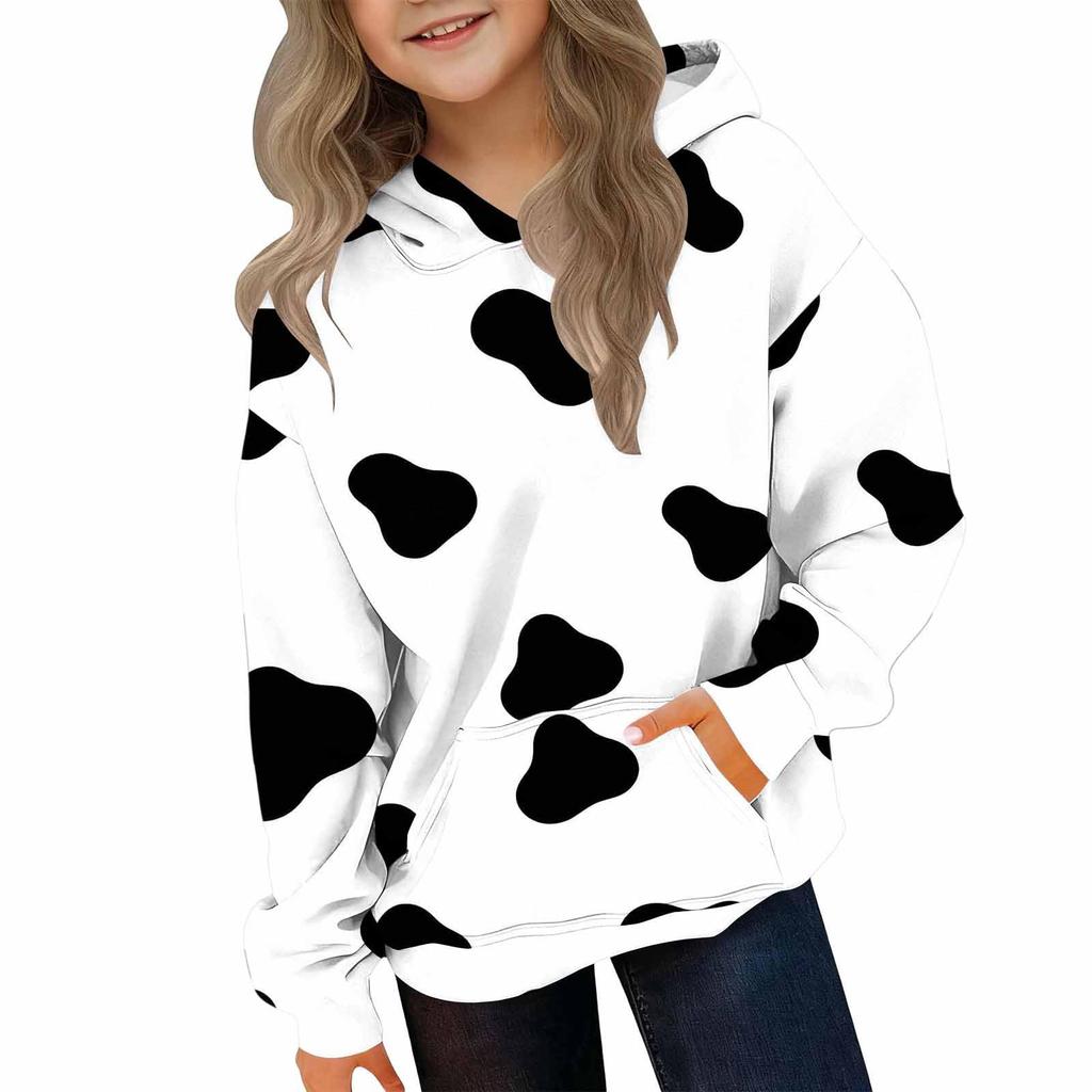 Kids Hooded Cow Print Pullover Sweatshirt for Boys Girls with Pockets Loose Fit