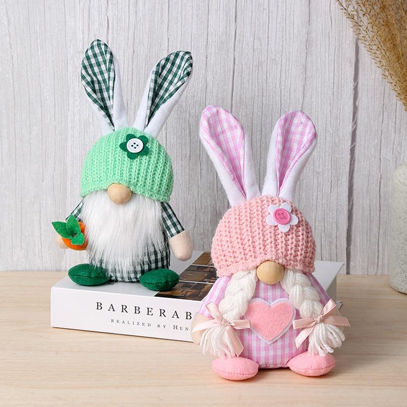 Chaoya Easter Fabric Faceless Bunny Couple Dolls Knitted Hat Decoration Figurines