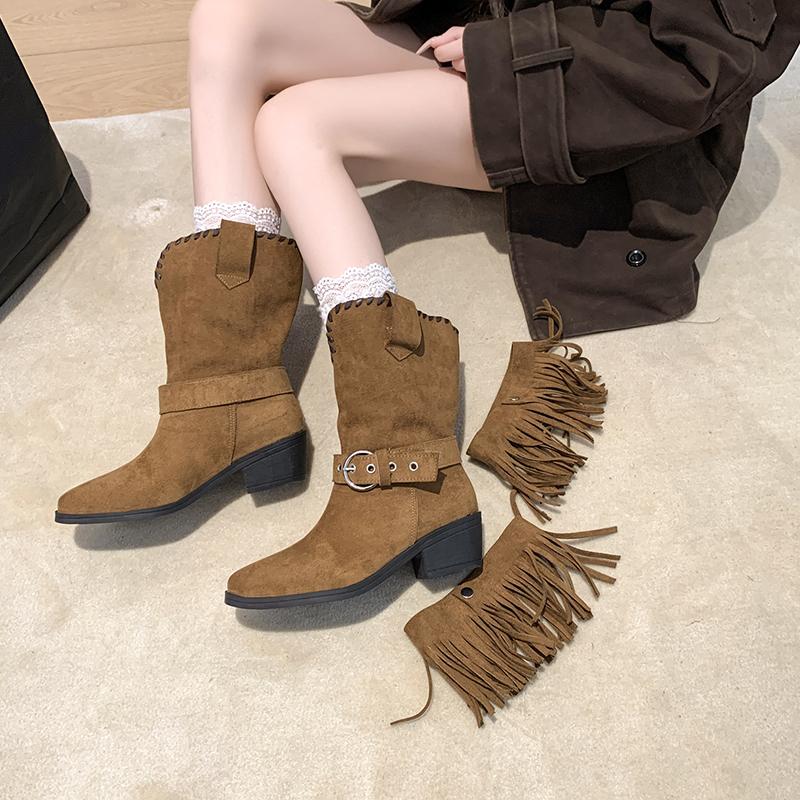 Fashion Small Man Retro Pointed Toe 2025 Women's Mid-Leg Boots Block Heel Booties
