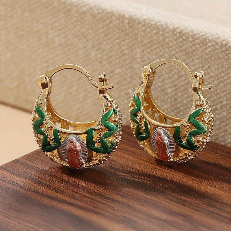 Vintage Creative Hand Carved Hollow Golden Plated Hoop Earrings for Women Bohemian Style  Banquet Festival Jewelry Crafts
