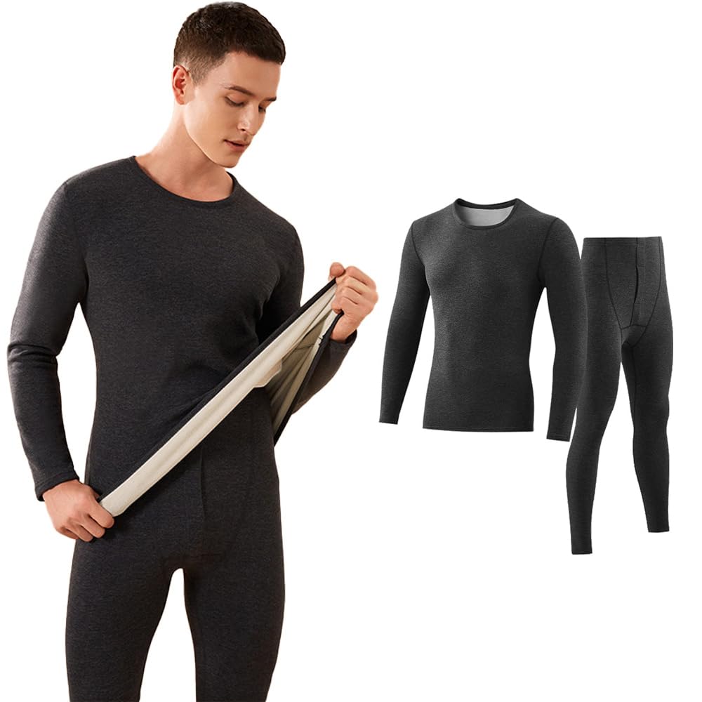 Karsaer Winter Warm Innerwear Crew Neck Long Sleeve Top and Bottom Thermal Innerwear with Fleece Medium and Stretchy and Gentle on the Men's Set,
