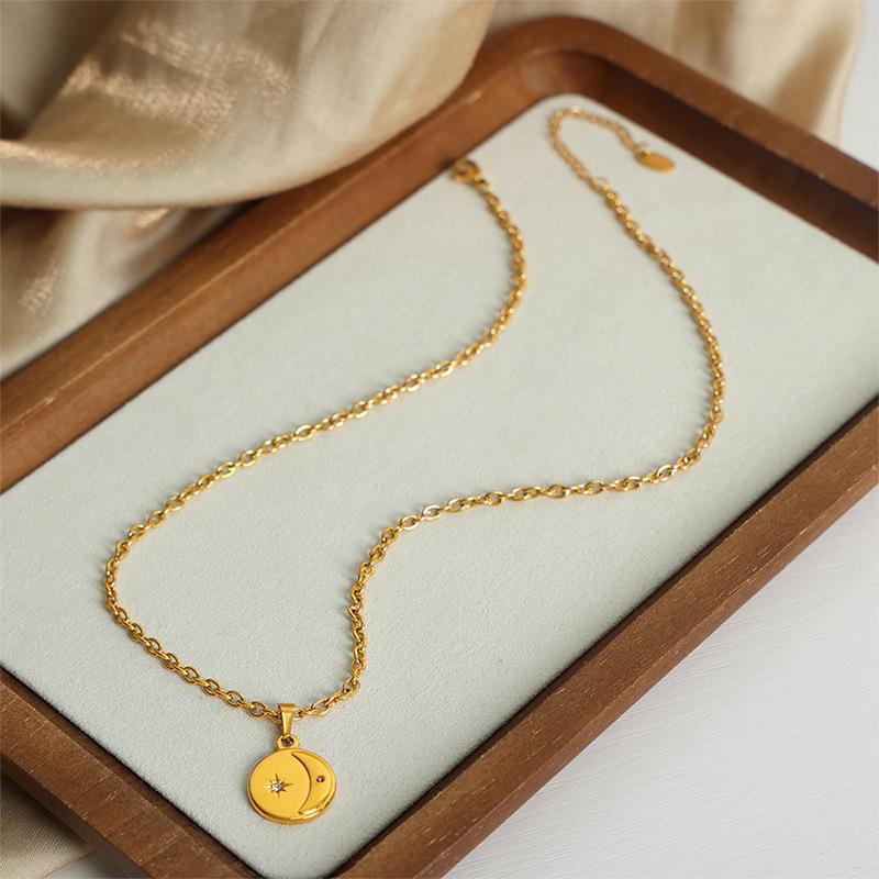 Embossed Star Moon Round Brand Pendant Necklace Titanium Steel 18K Gold O-Chain Niche Temperament Versatile Collarbone Chain Jewelry