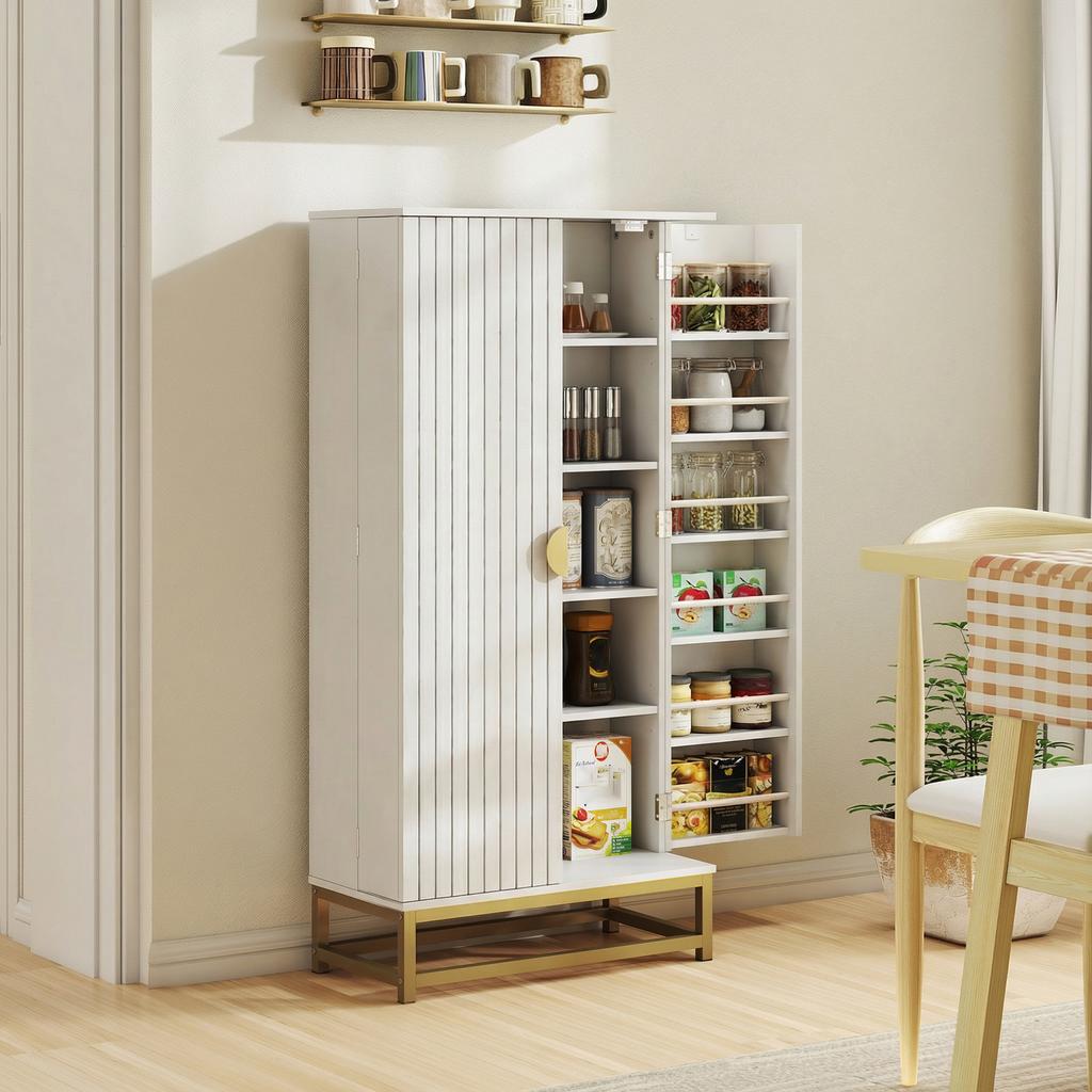 Kitchen Cabinet Kitchen Storage Unit with 12 Door Shelves, Adjustable Shelves, 58x29x119.5cm, White