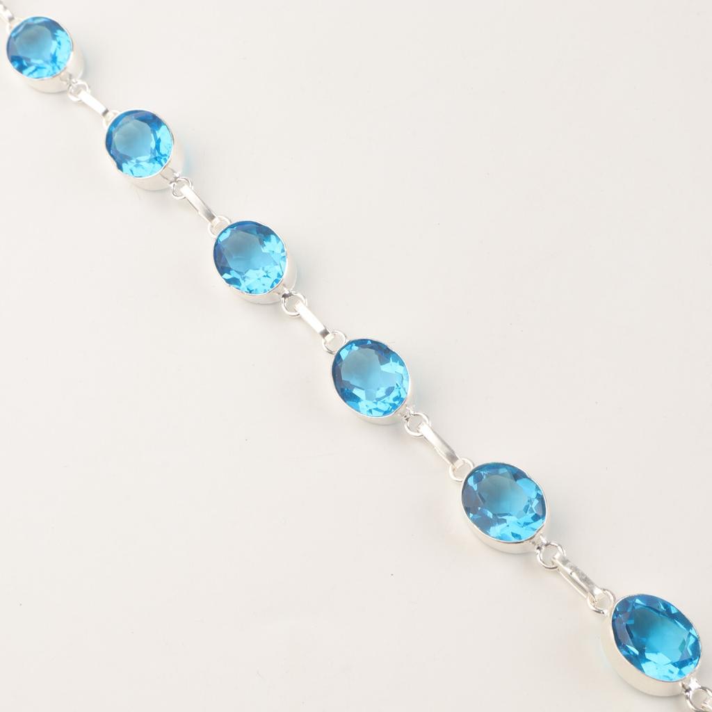 Swiss Blue Topaz Gemstone 925 Sterling Silver Jewelry Handmade Boho Bracelet 9" RB-5-11