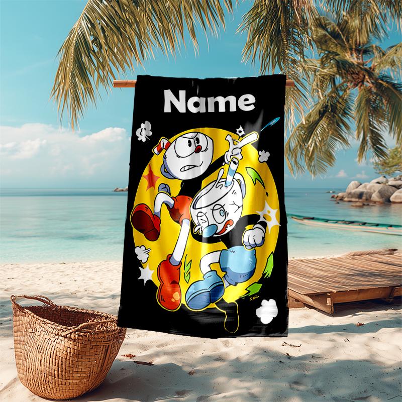 Personalized customized proof beach towel with Cuphead pattern - soft, absorbent, quick-drying, perfect swimming, camping&bathing