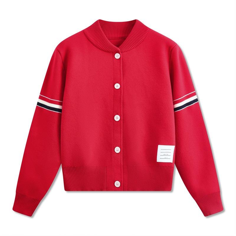Autumn and Winter New Round Neck Knitted Cardigan College Style Baseball Jersey Double Sleeve Colored Webbing Striped Long Sleeve Sweater Jacket