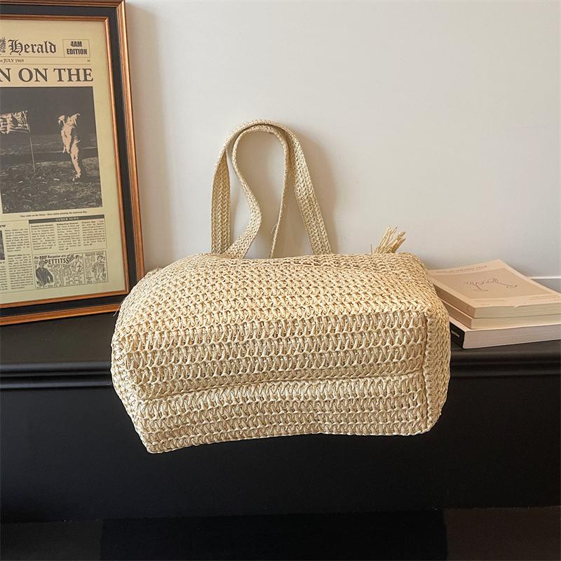 Woven Straw Tote with Tassel Accent and Spacious Interior for Summer Beach or Casual Daily Use