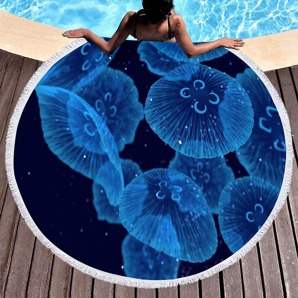 Jellyfish Round Beach Towel Microfiber Absorbent Quick Dry Sand Free Picnic Mat for Bathroom Pool Surf Travel Outdoor Meditation