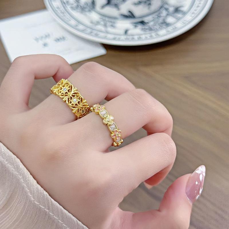 Medieval Vintage Enamel Oil Drop Four-Leaf Clover Hollow Rhombus Open Ring Court Style Retro Stacked Ring