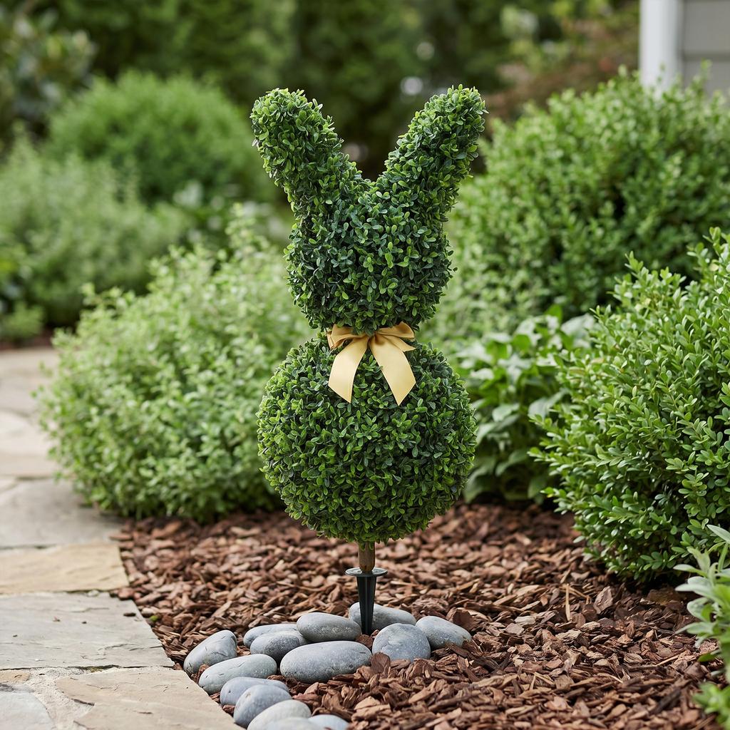 Artificial Boxwood in Rabbit Shape, 740 Leaves, Artificial Plant for Indoor and Outdoor Use, with Ground Anchor, 83 cm, Green