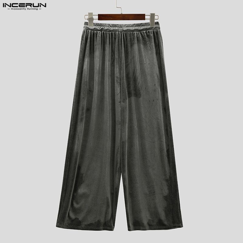 INCERUN Men Drawstring Elastic Waist Plain Velvet Casual Loose Long Trousers Pants
