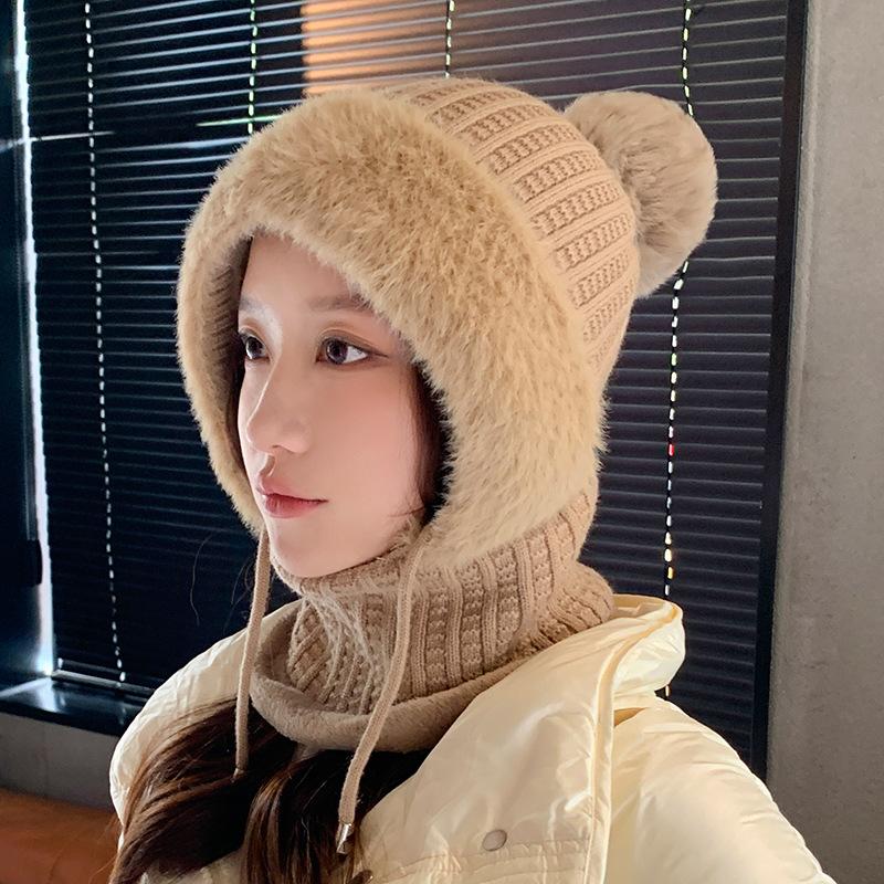 Winter Plush Knitted Hat Women's Mask Scarf Integrated Outdoor Cycling Plush Warm Ear Protection Hat Cold-proof Ski Hat