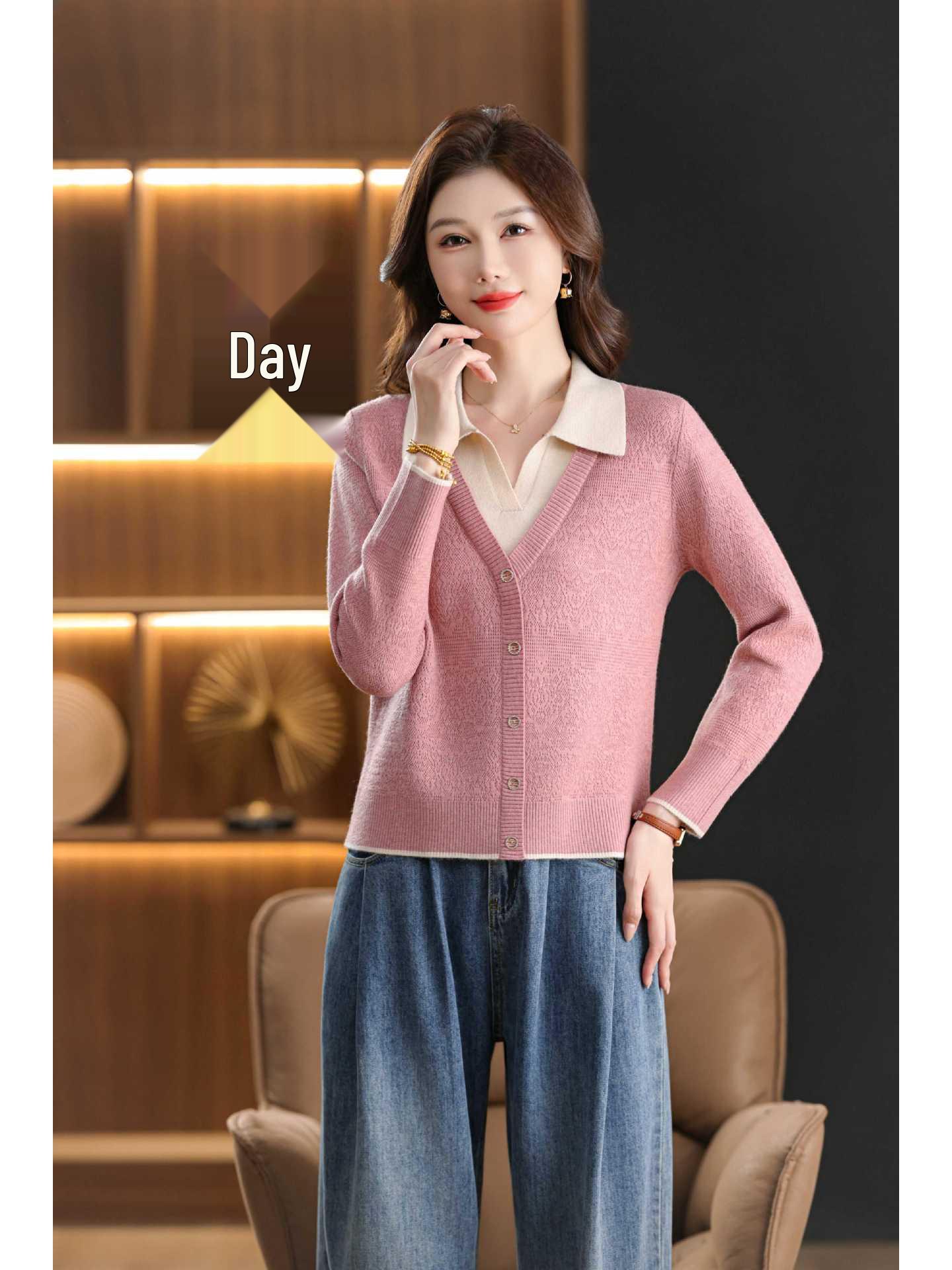 

Новый женский кардиган из шерсти: Топ с лацканом, имитирующий двойку, с длинным рукавом, с цветными блоками, для осени и весны M розовый