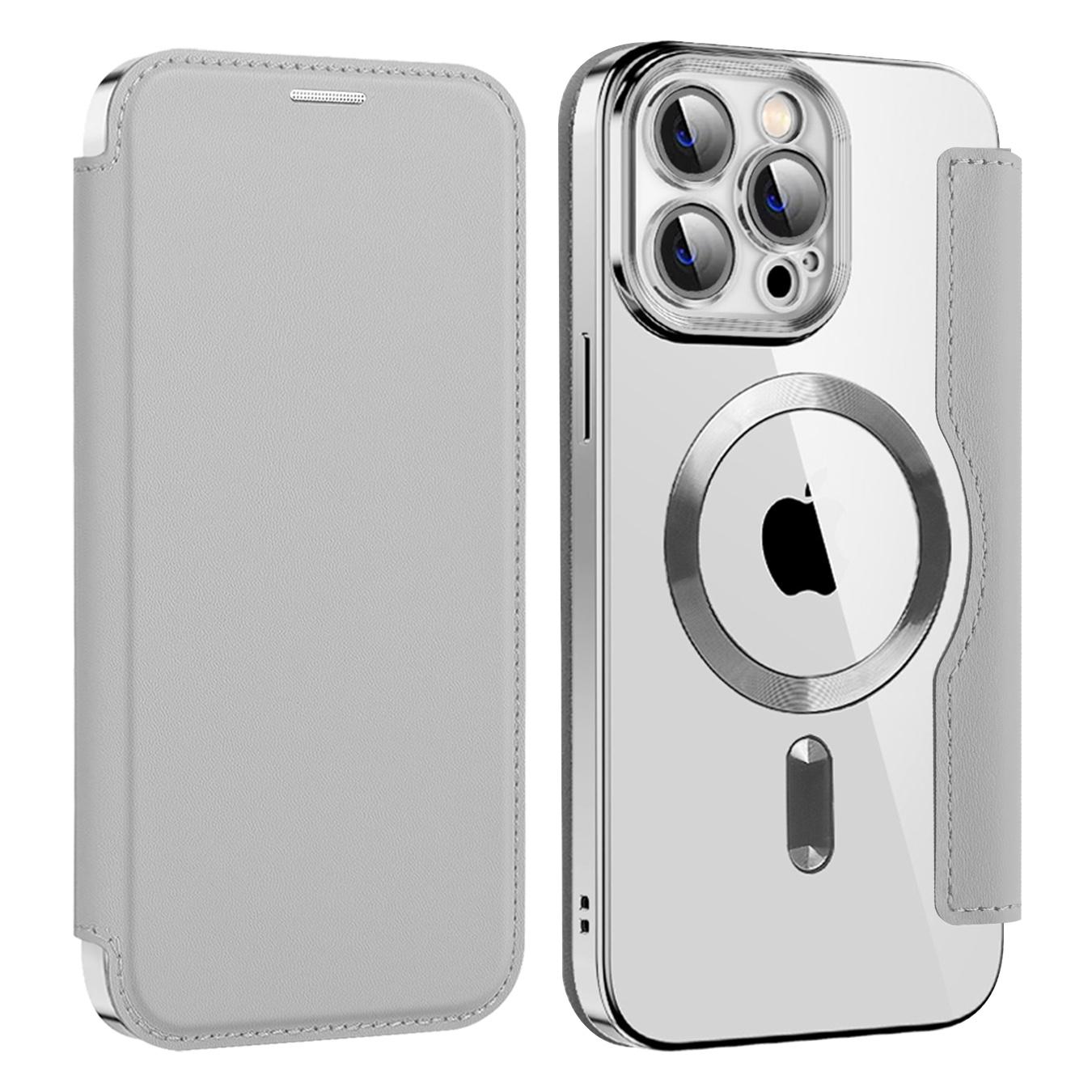 

Phone Cover for iPhone 14 Pro Max,Compatible with MagSafe RFID Blocking Card Slots PU Leather+TPU Electroplating Clear Back Flip Case with Lens Film Silver