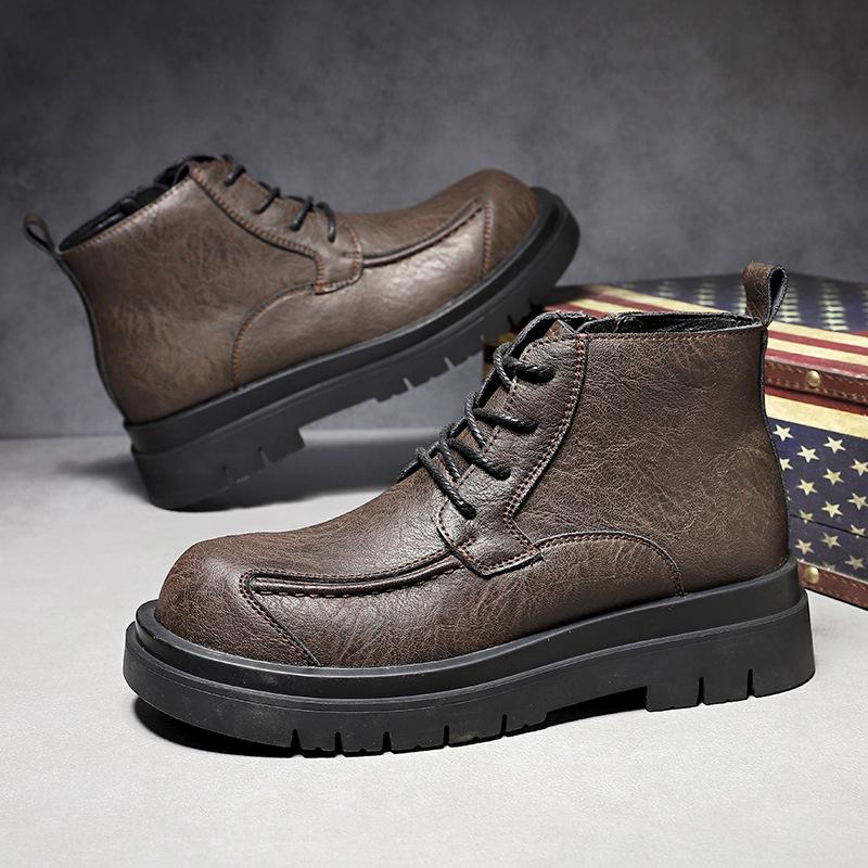 Men's Cowhide Lace-up Martin Boots - Winter Thick Sole, Outdoor Casual, Height-increasing Mid-top Work Shoes