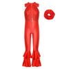 Girls Shiny Sequins Dance Leotard Sleeveless Turndown Collar Zipper O Ring Bell Bottom Design with Hair Band