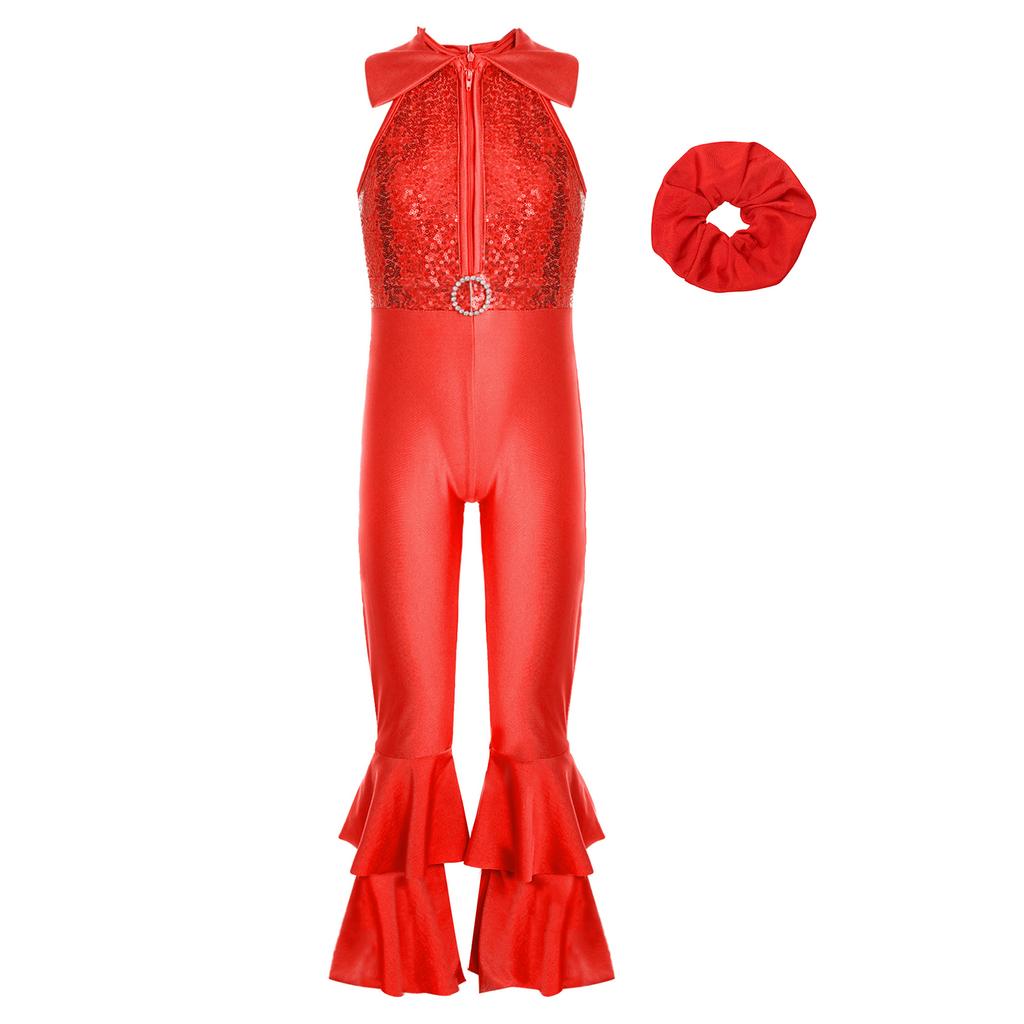 Girls Shiny Sequins Dance Leotard Sleeveless Turndown Collar Zipper O Ring Bell Bottom Design with Hair Band