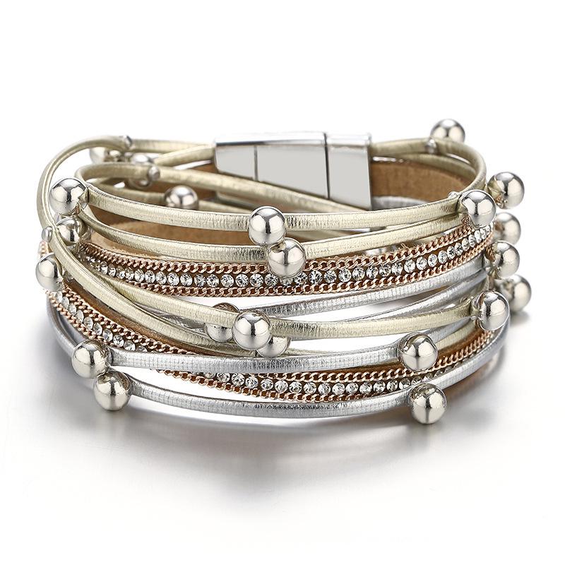 Women's Fashion Rhinestone Leopard Print Multi-Layer Magnetic PU Leather Bracelet