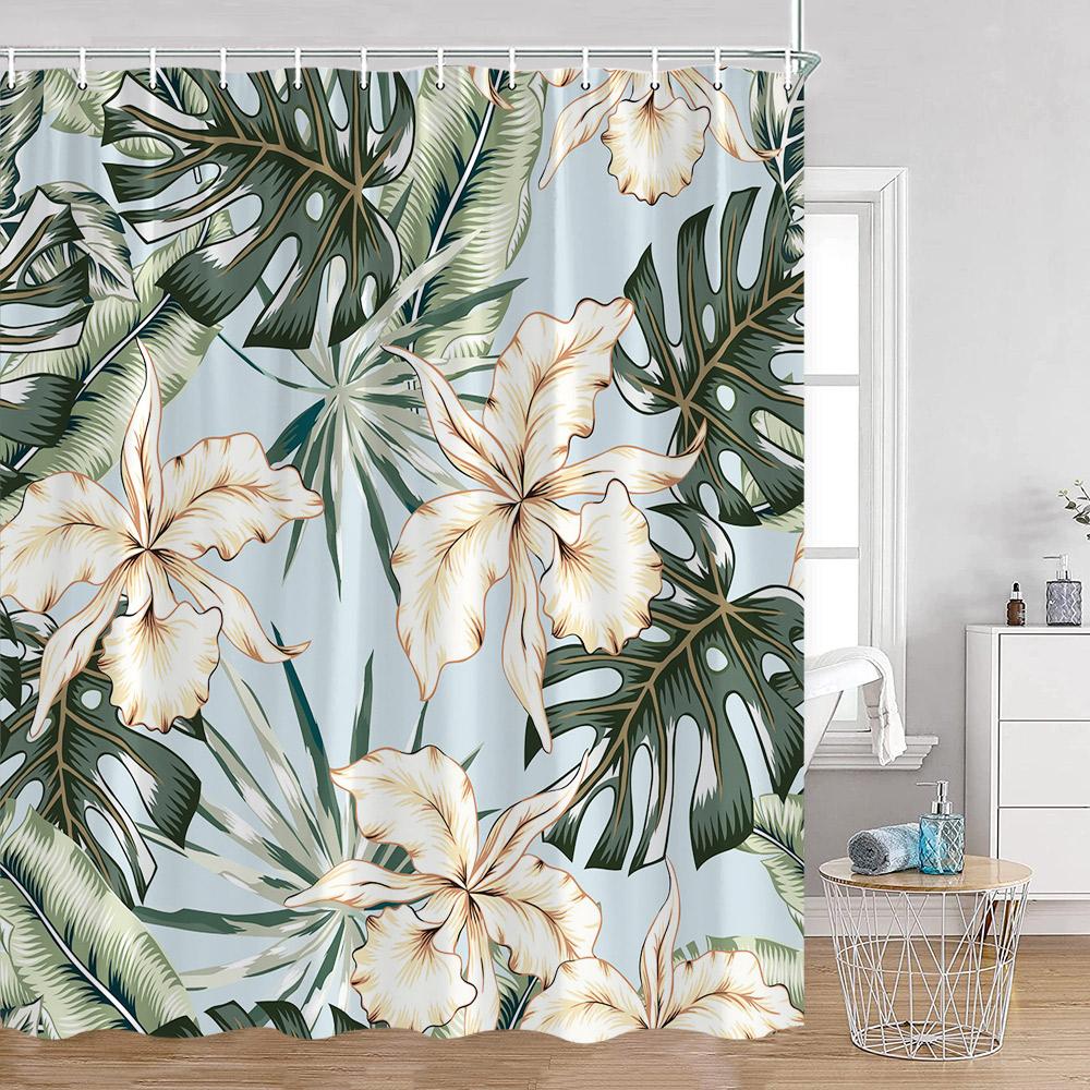 Green Leaves Shower Curtains Monstera Palm Leaf Green Plants Botanical Bathroom Curtain Greenery Bath Deorations with Hooks