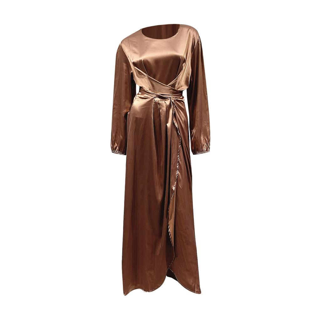 Women's Fashion Solid Color  Long Sleeve Satin Soft Waist And  Dress