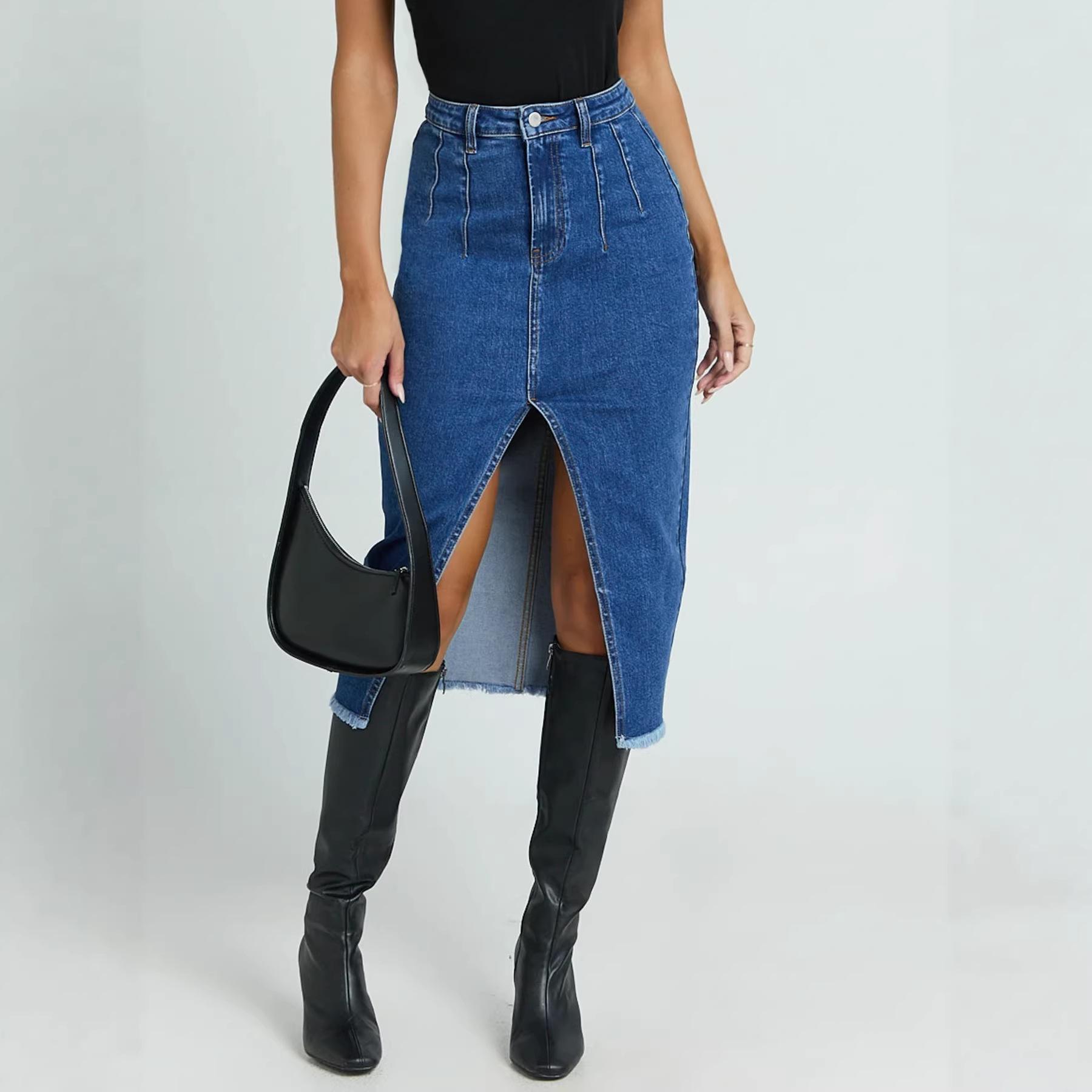 Women s High Waisted Stretchy Jean Skirts Front Slit Midi Denim Skirt for Women Denim Trendy Summer Casual Stretchy Midi Below Knee Pencil Skirt S синий