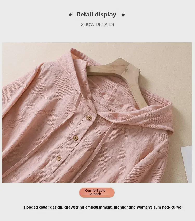 2024 Women's Chinese-Style Jacquard Embroidered Cotton-Linen Hooded Cardigan Shirt - Casual and Trendy Summer Wear