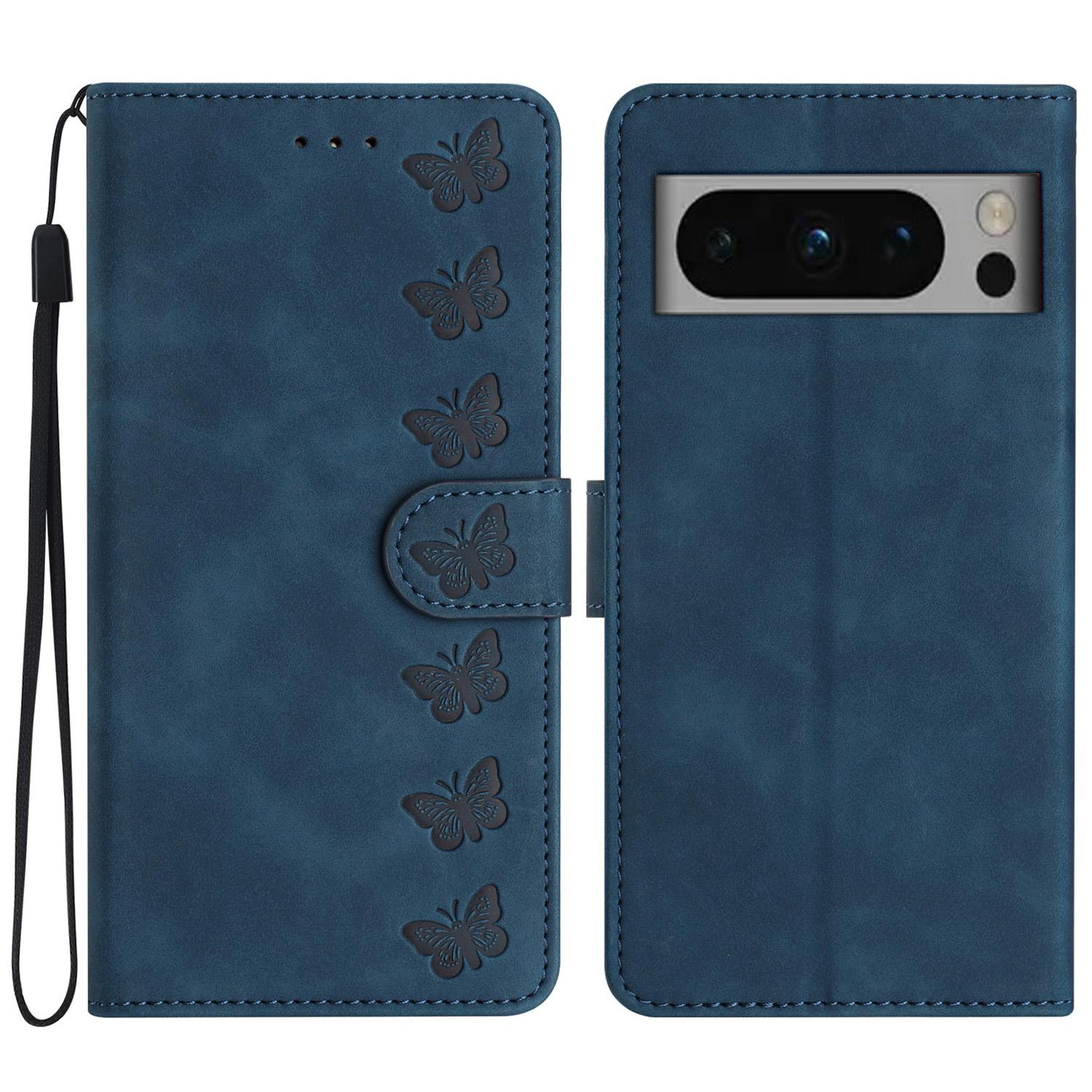 

For Google Pixel 8 Pro Butterfly Imprinted Foldable Stand Shell Anti-fall PU Leather Wallet Phone Case Blue