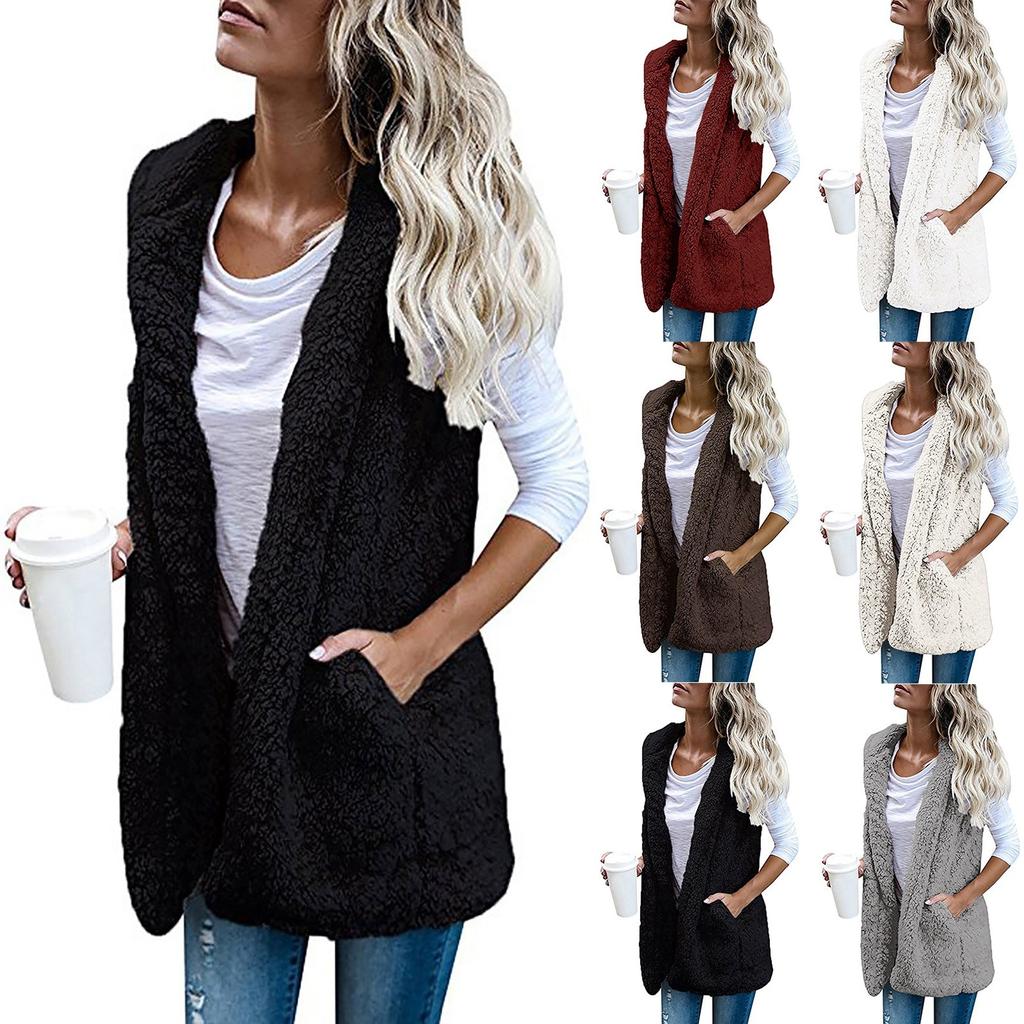 2021 herbst Winter Mit Kapuze Faux Pelz Weste Frauen Flauschigen Warme Strickjacke Mantel Westen mit Taschen Weibliche Streetwear Sherpa Jacke